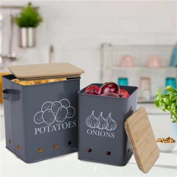 Kitchen Vegetable Storage Tins Set of 2 for Potatoes, Onion, with wooden lid - Picture 2 of 7
